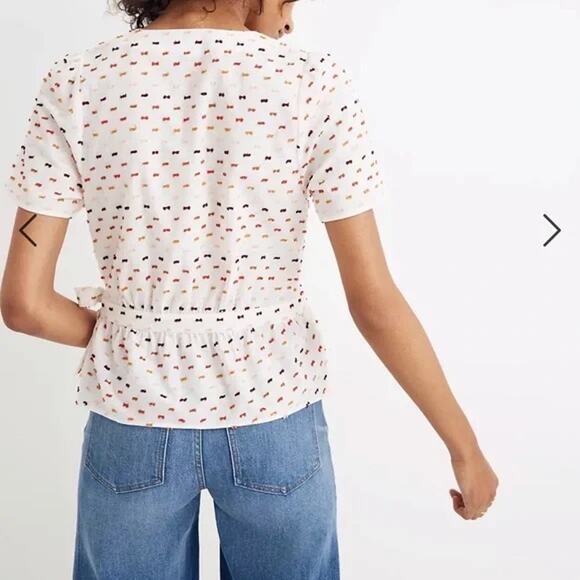 NEW Madewell Wrap Top Short Sleeve White Print Tie Waist Blouse - Picture 3 of 8